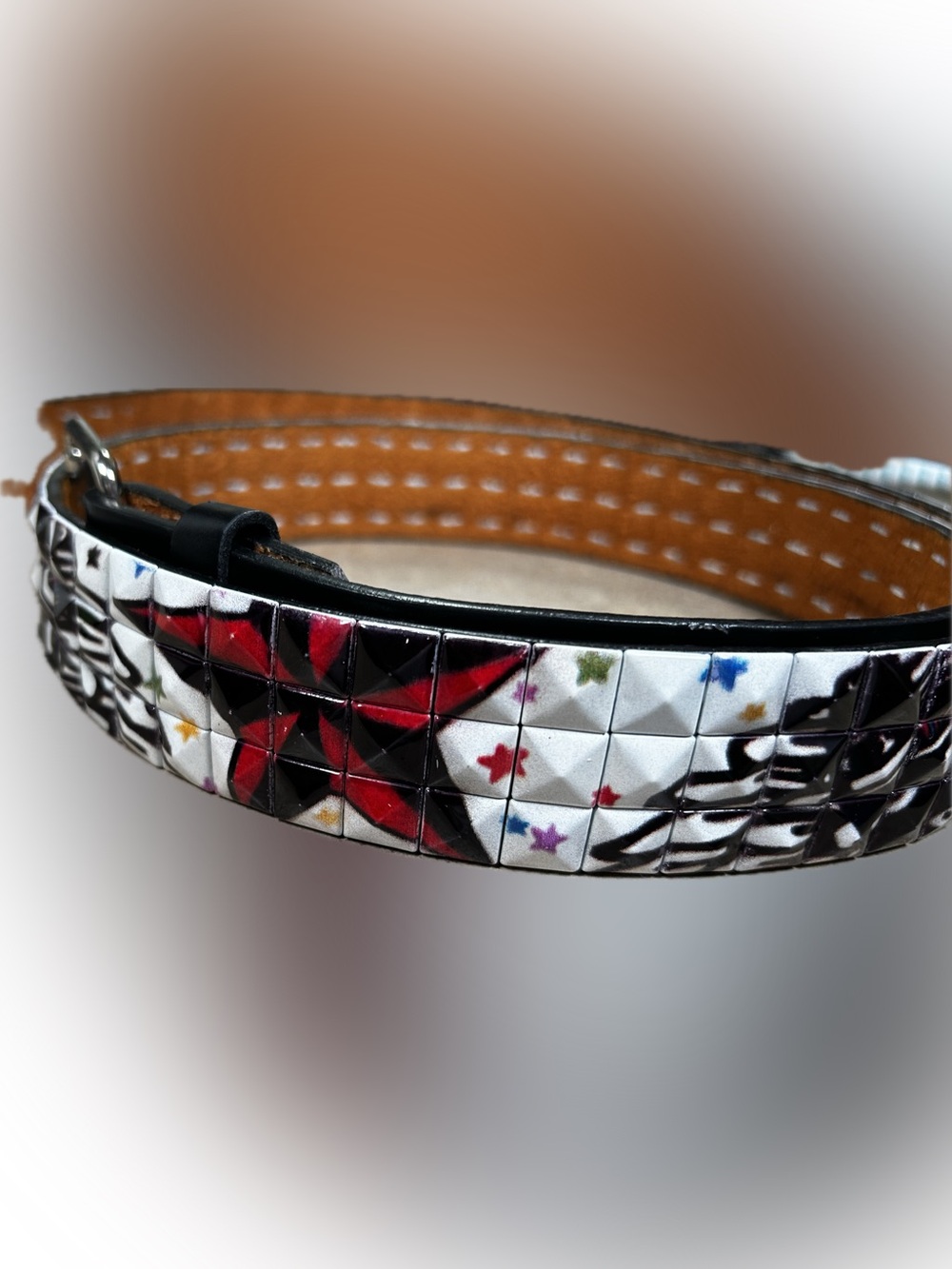 Studded Floral Print Leather Belt - White